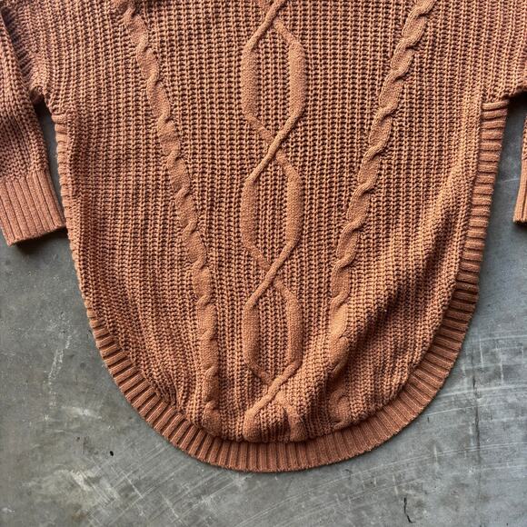 Express Sweater Women's M Brown Turtleneck Fisherman Chunky 3/4 Sleeve Pullover - Picture 3 of 12